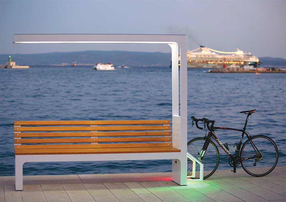 Banc urbain intelligent avec prise recharge pour vélo électrique